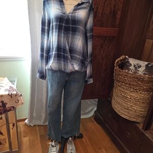 Blue Denim Women's Jeans And Fun Criss Cross Plaid